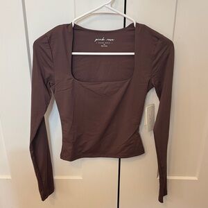 Pink Rose Chocolate Brown Square Neck Long Sleeve Top